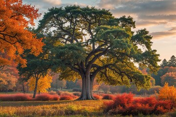 Fototapeta premium Stunning Autumn Landscape Featuring Gorgeous Sycamore Tree and Vibrant Foliage