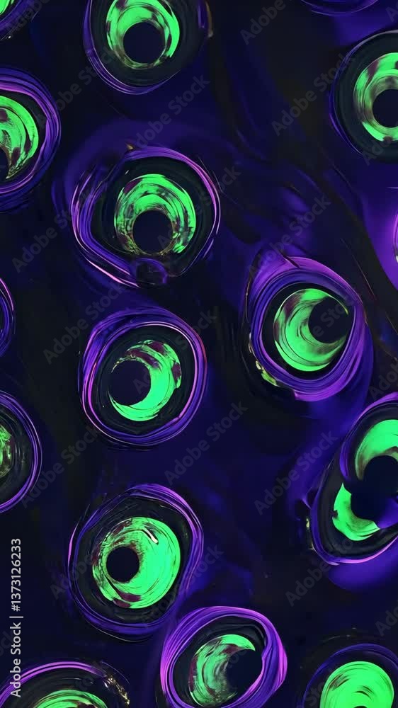 Poster colorful abstract design with swirling green and purple circular patterns on a dark background