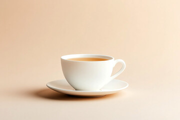 Obraz premium White cup with tea on plate against a soft beige background 