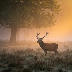 A photorealistic image of a graceful deer standing in a misty forest at sunrise
