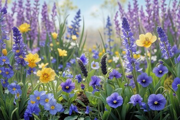Fototapeta premium Bright Spring Landscape Featuring Wildflowers and Violets Showcasing Nature's Beauty and Growth