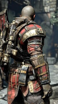 Detailed view of a heavily armored character with intricate design elements in a fantasy environment