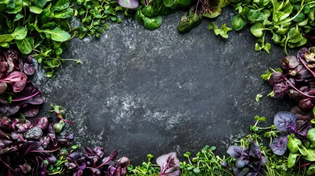 Fresh mixed greens border on rustic dark slate background for culinary designs