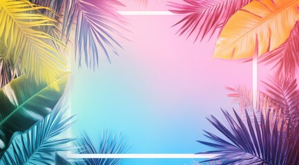 Colorful tropical leaves framing a pastel gradient background with a white border