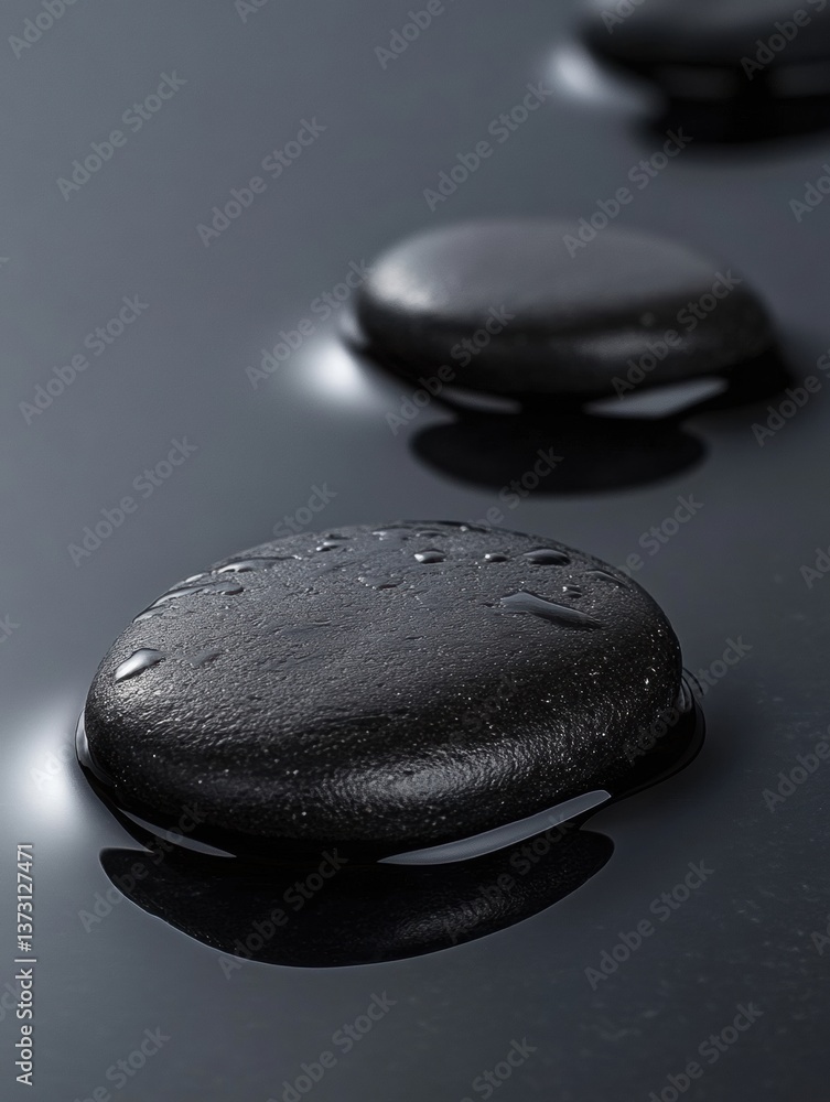 Poster smooth black river stones rest peacefully on a wet reflective surface under soft lighting creating a