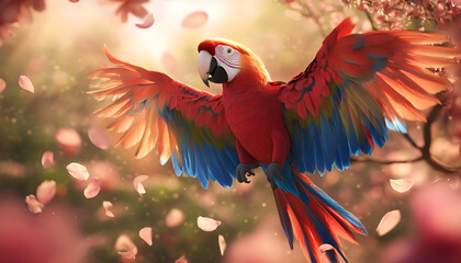 Obraz premium Colorful parrot joyfully flapping wings among blossoms. concept of tropical wildlife, freedom, nature s beauty, funny animal. Copy space