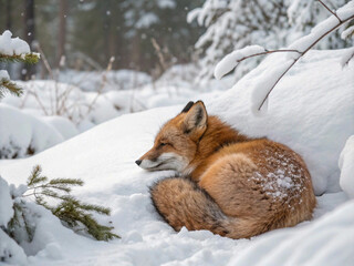 Obraz premium Sleeping Red Fox Curled in Winter Snowdrift