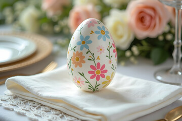 Exquisitely Decorated Easter Egg with Floral Design on Festive Table Setting for a Joyful Celebration and Springtime Holiday Gathering