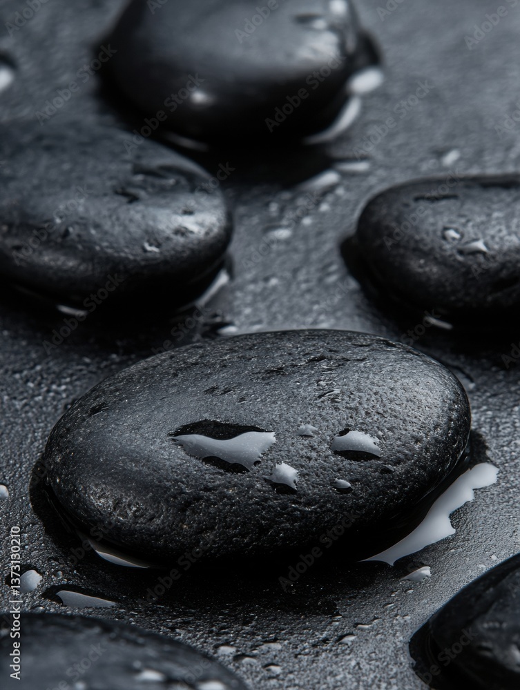 Poster close up of smooth black river stones on a reflective surface with soft lighting and deep contrast i