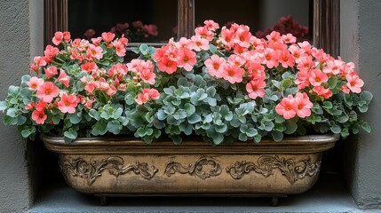 Fototapeta premium Ornate flower box overflowing with vibrant coral blossoms