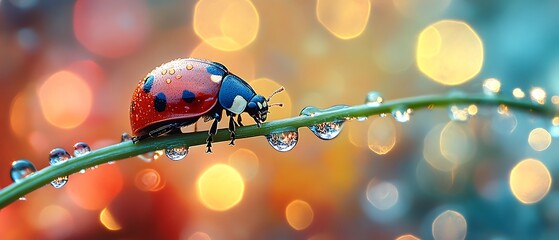 A detailed photograph shows a ladybug on a wet dewy green stem