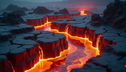 Fototapeta premium Molten lava flowing through cracked volcanic landscape at dusk 