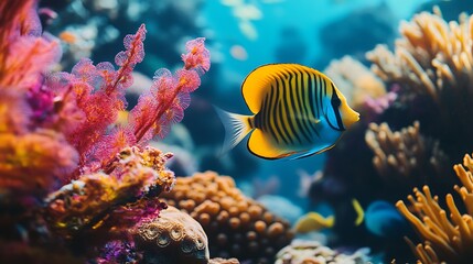 Obraz premium Colorful fish and corals in clear underwater scene image