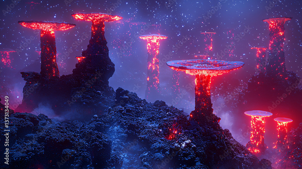 Poster futuristic cityscape surrounded by lava flow creating an unusual and striking contrast of nature and