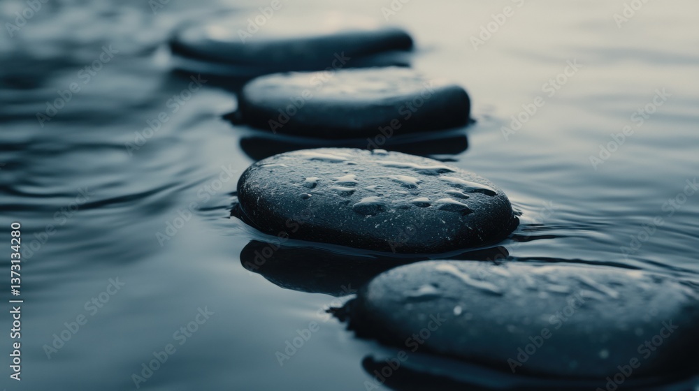 Aufkleber close-up view of smooth black river stones resting on a reflective wet surface with soft lighting an