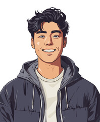 Happy young Asian man smiling with neatly styled hair in casual outfit against a plain background