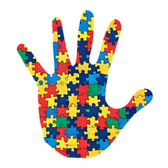 Colorful puzzle hand symbol representing autism awareness. Flat medical illustration for world autism awareness and healthcare support.