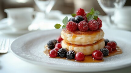 Gourmet pancakes topped with berries and syrup on a plate  