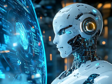 A futuristic robot looking at a digital data display