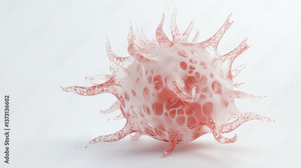Poster a translucent cellular structure with spiky protrusions on white background