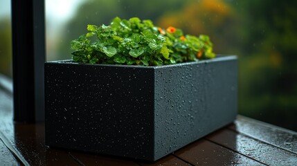 Outdoor planter box with vibrant greenery and colorful flowers.  