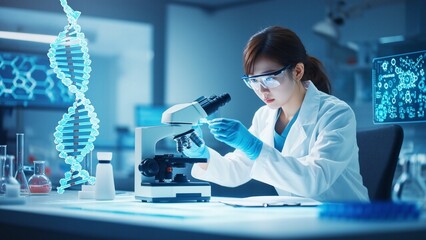 Female researcher analyzes sample using microscope in futuristic lab setting revealing dna structure analysis data