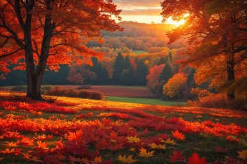 Fototapeta premium Stunning Autumn Landscape with Colorful Foliage and Cozy Sunset Glow