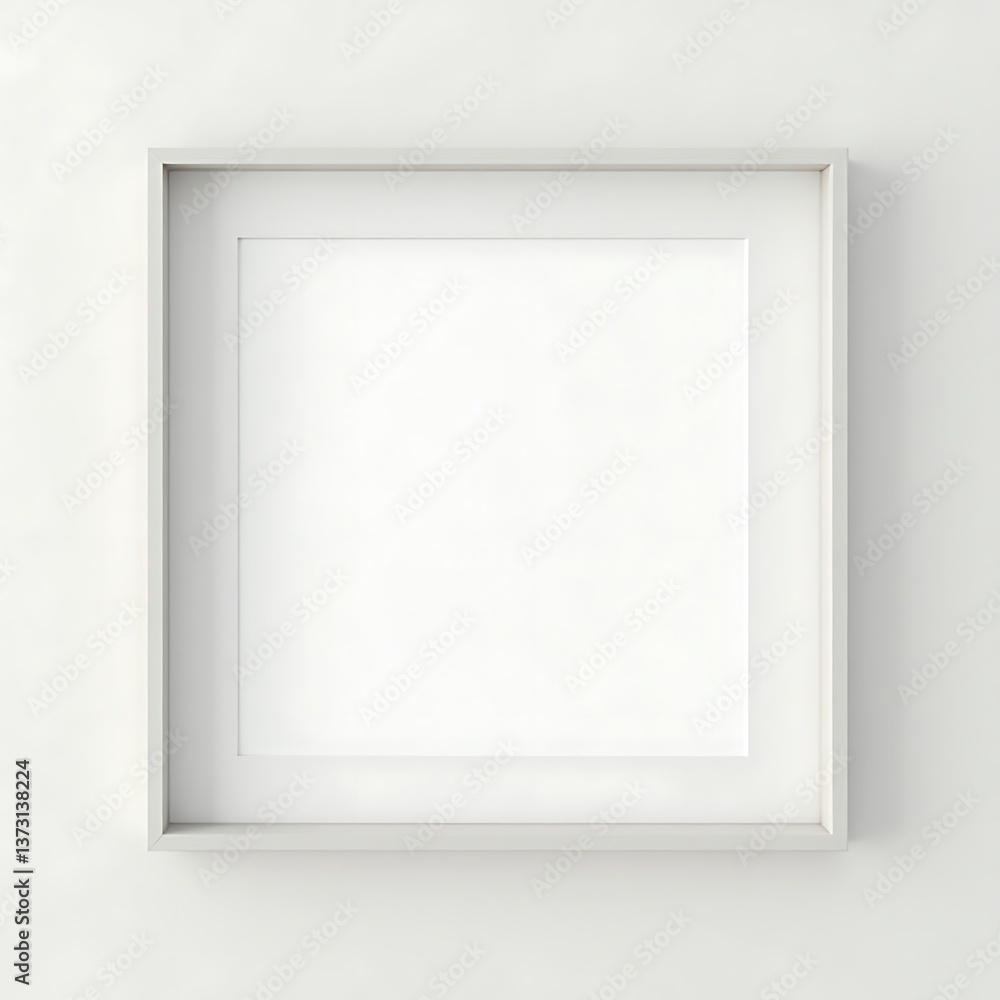 Poster a square white picture frame with a white matte hangs on a white wall in a minimalist style setting