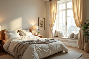 Inviting Bedroom Interior with Natural Light and Cozy Ambiance offering a serene space with comfortable bedding and neutral tones for rest and relaxation