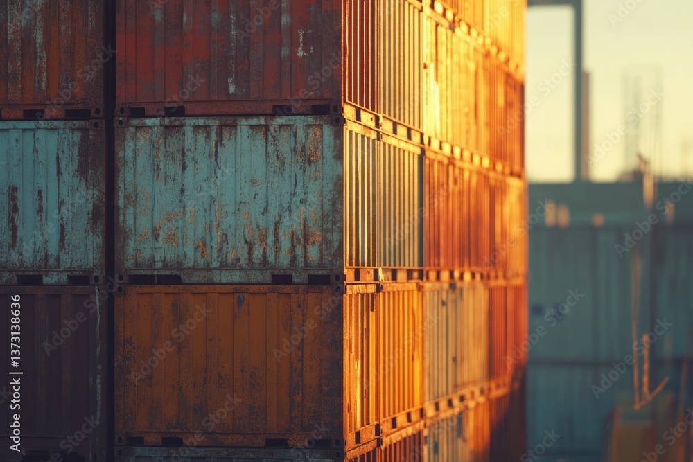Poster A stack of old, weathered shipping containers with varying colors and textures, casting shadows in the golden light.