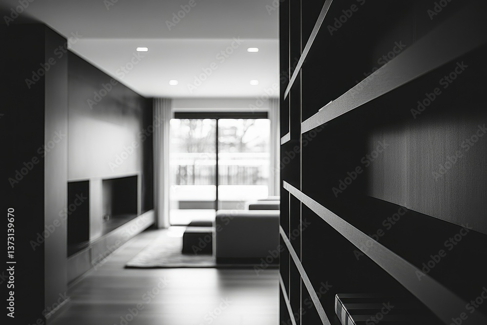 Poster Modern monochrome interior featuring a bookshelf with open shelves and a view to the outside.