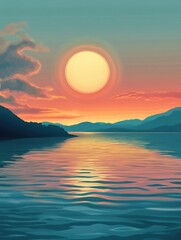 Fototapeta premium Digital painting of tranquil waters with reflection of setting sun and silhouette of mountains in distance.