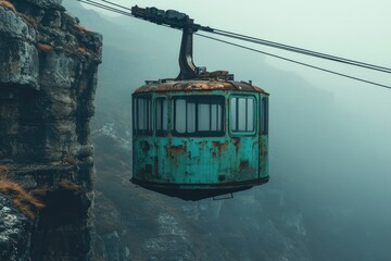 A vintage, weathered cable car hangs suspended amidst a misty mountain landscape, conveying a sense of solitude.