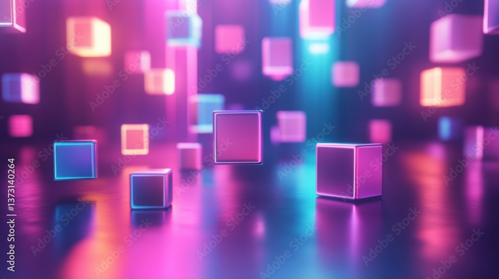 Poster Futuristic minimalistic background featuring floating colorful 3D cubes with soft reflections in a vibrant neon gradient