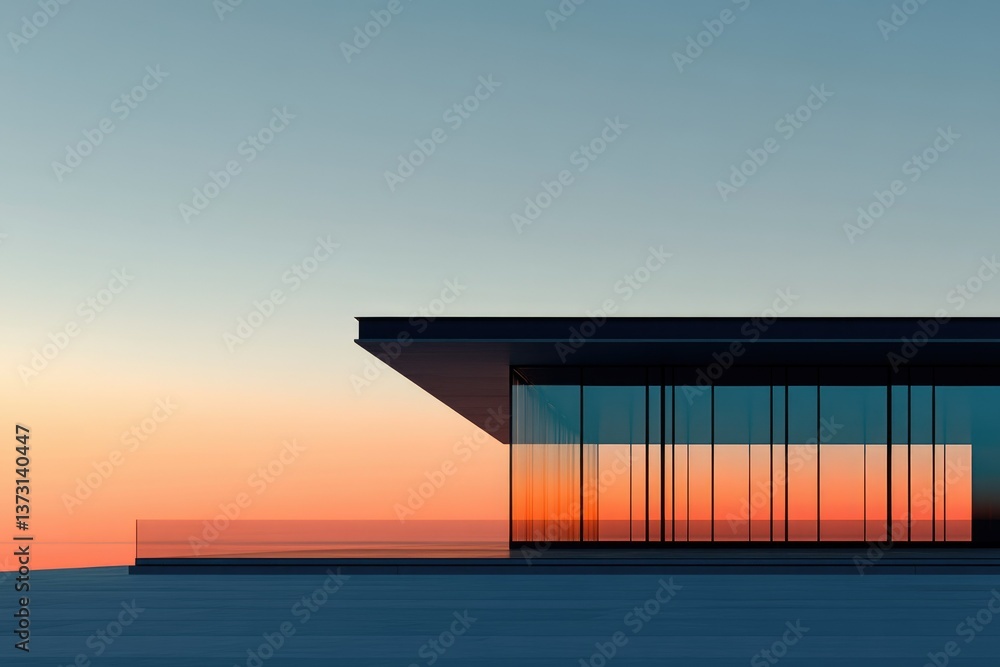 Poster a minimalist building with large windows reflecting the sunset, set against a clear sky.