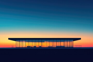 Fototapeta premium Modern building with glass walls reflects a vibrant sunset, under a gradient blue sky, creating a serene and minimalist aesthetic.