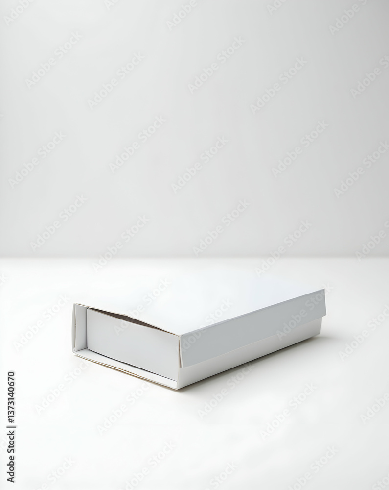 Poster minimalist presentation of a sleek white custom packaging box with precise perforations showcasing i