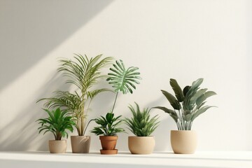 Fototapeta premium A diverse collection of potted plants in various sizes and shapes, arranged against a bright, neutral wall with soft, natural lighting.