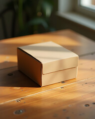 Minimalist Kraft Paper Box Mockup on Wooden Table, Ideal for Product Packaging Presentation and Branding Design Projects showcasing simplicity and eco-friendliness