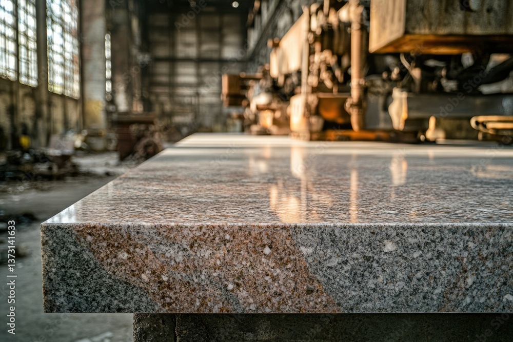 Poster a polished stone slab in an industrial setting, machines blurred in the background under sunlight.