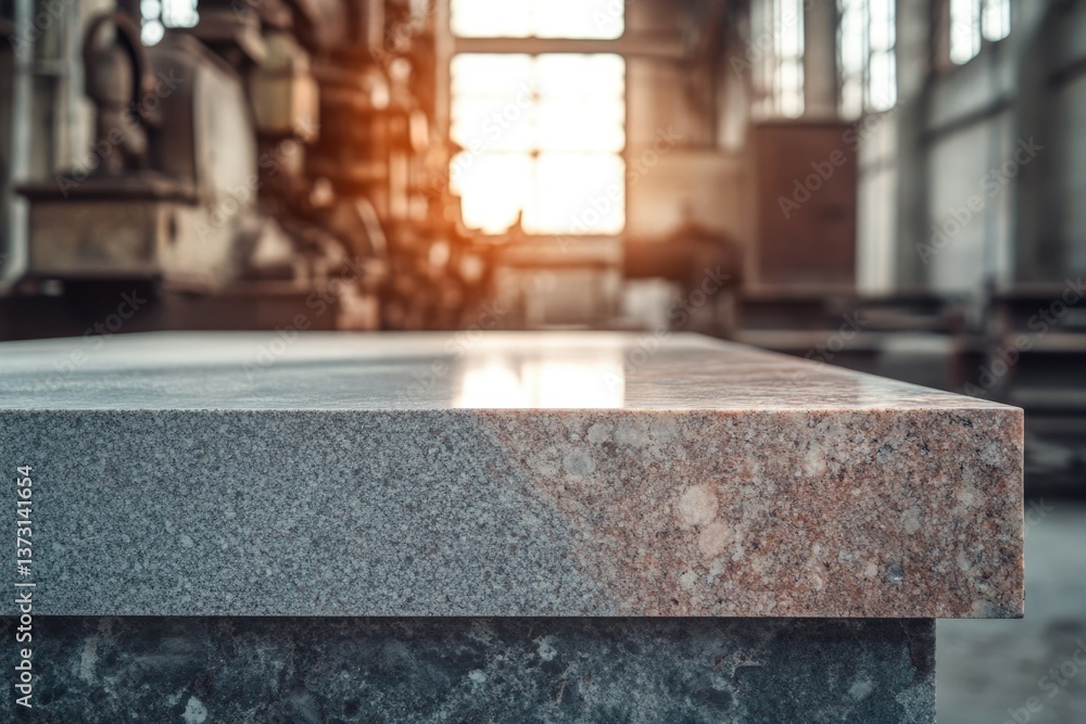 Poster granite countertop in industrial setting with machinery and natural light, showcasing texture and ma