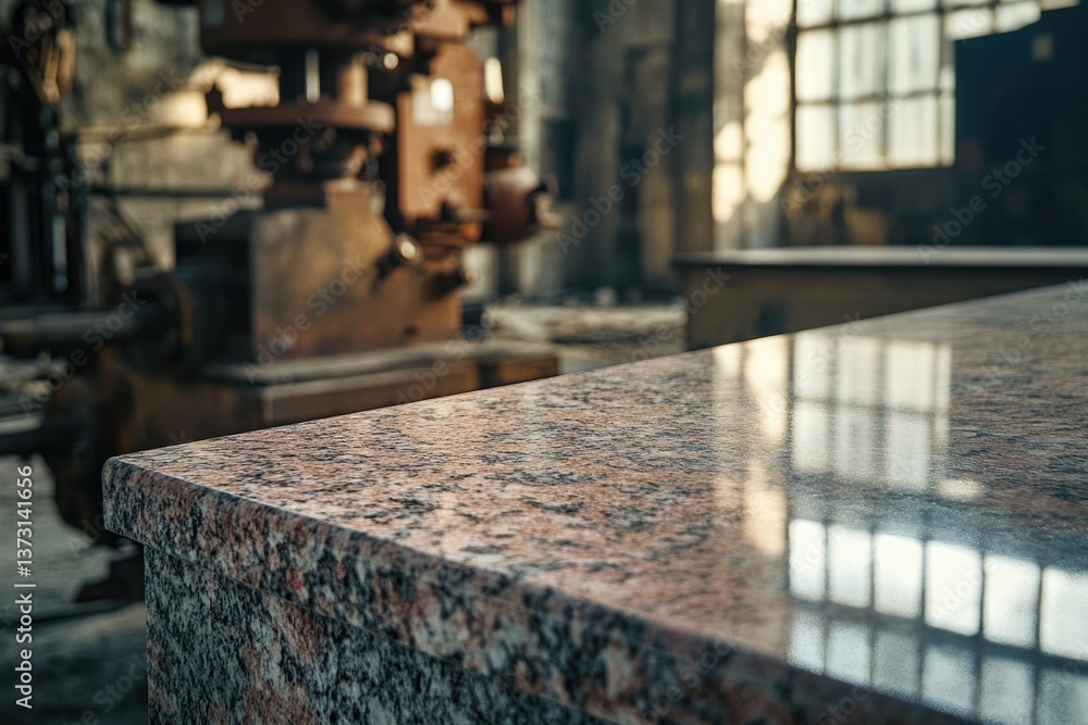 Poster shiny granite countertop stands out against a backdrop of vintage machinery and the bright light fro