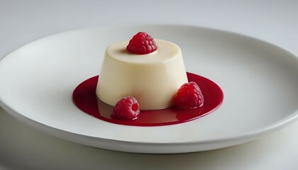 Panna cotta with raspberries and sauce on white plate