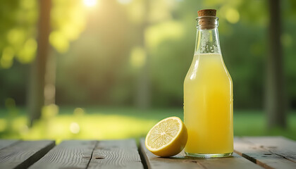 Vintage glass bottle with fresh lemonade and lemon on wooden table in sunny park