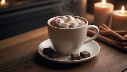Cup of hot chocolate with marshmallows and candles on table