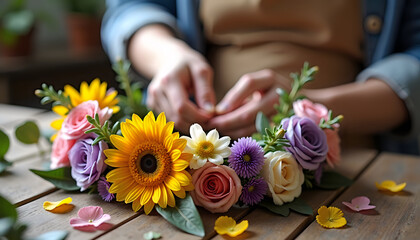 Hands weaving flower crown on wooden table indoors