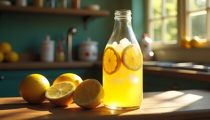 Vintage glass bottle with fresh lemonade and lemons on wooden table in sunny kitchen