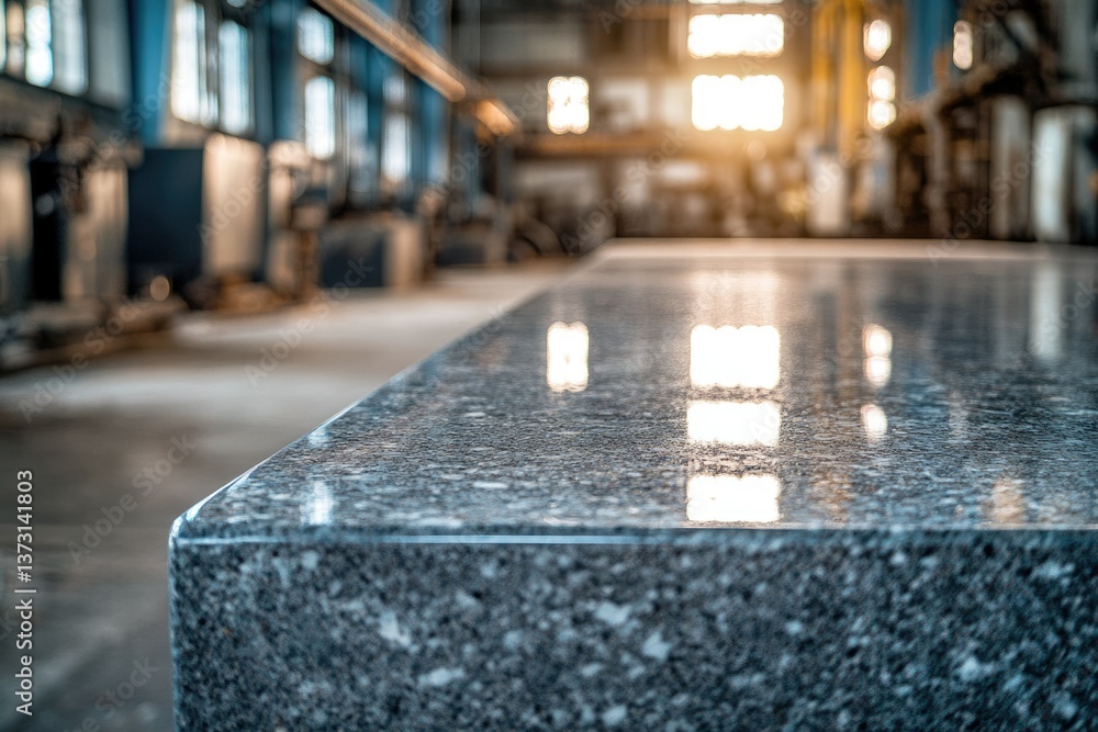 Fototapete Close-up of a smooth, speckled surface reflecting light in a blurred industrial setting, creating a modern and textured appearance.