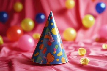 Colorful paper party hat with multicolored balloons in the background. Perfect for festive occasions and children's parties.