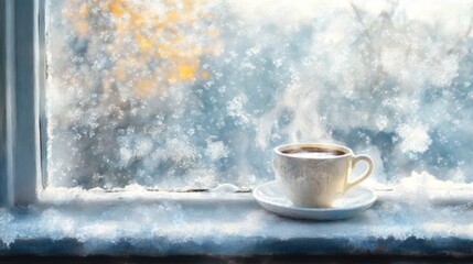 Fototapeta premium Cozy Winter Morning: A Warm Cuppa by the Frosty Window